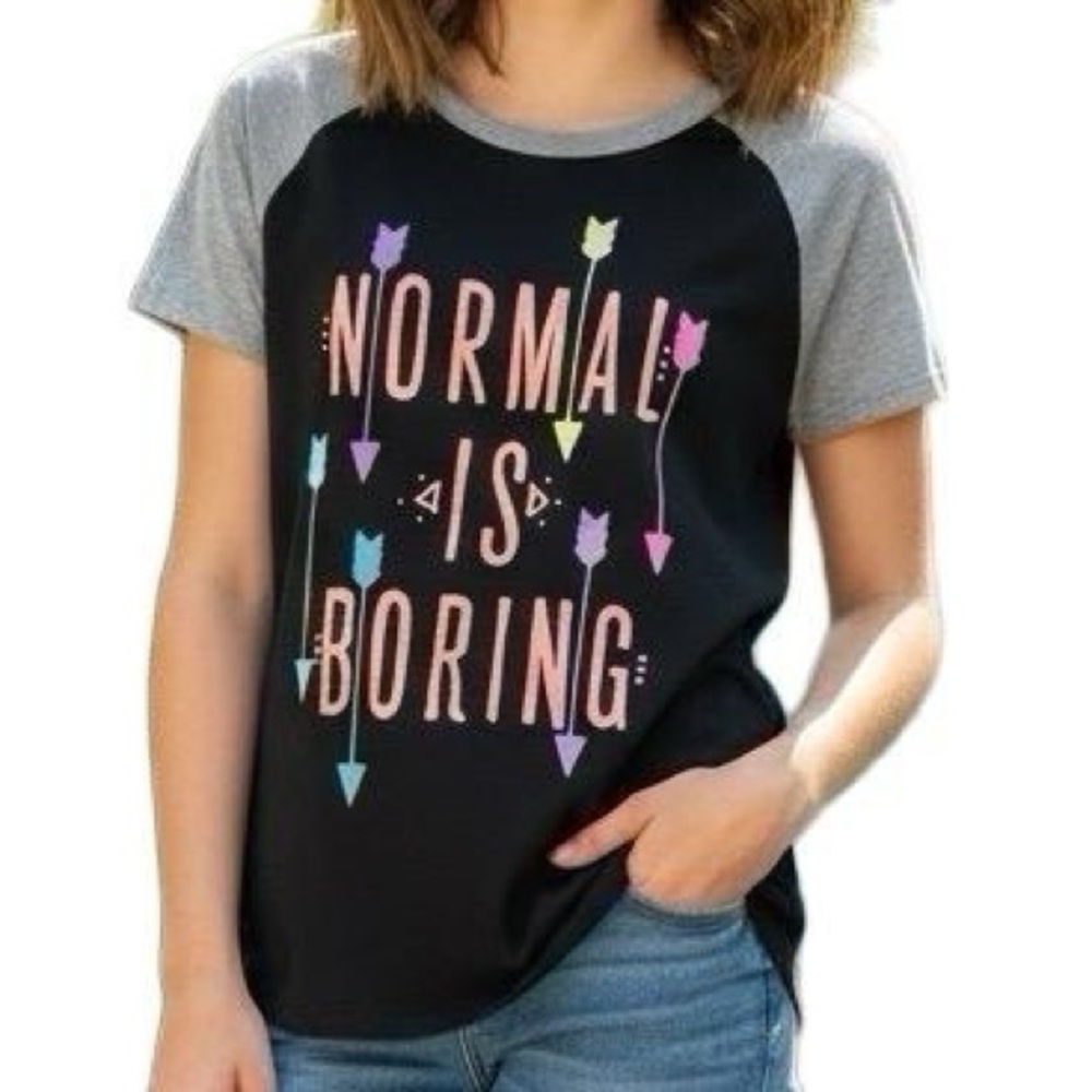 Mudd Girls Black Gray Raglan NORMAL IS BORING Arrow Graphic‎ Tee Size 14